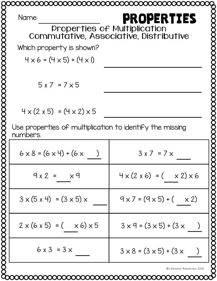 3rd Grade Math Printables Entire Year Properties Of Multiplication 