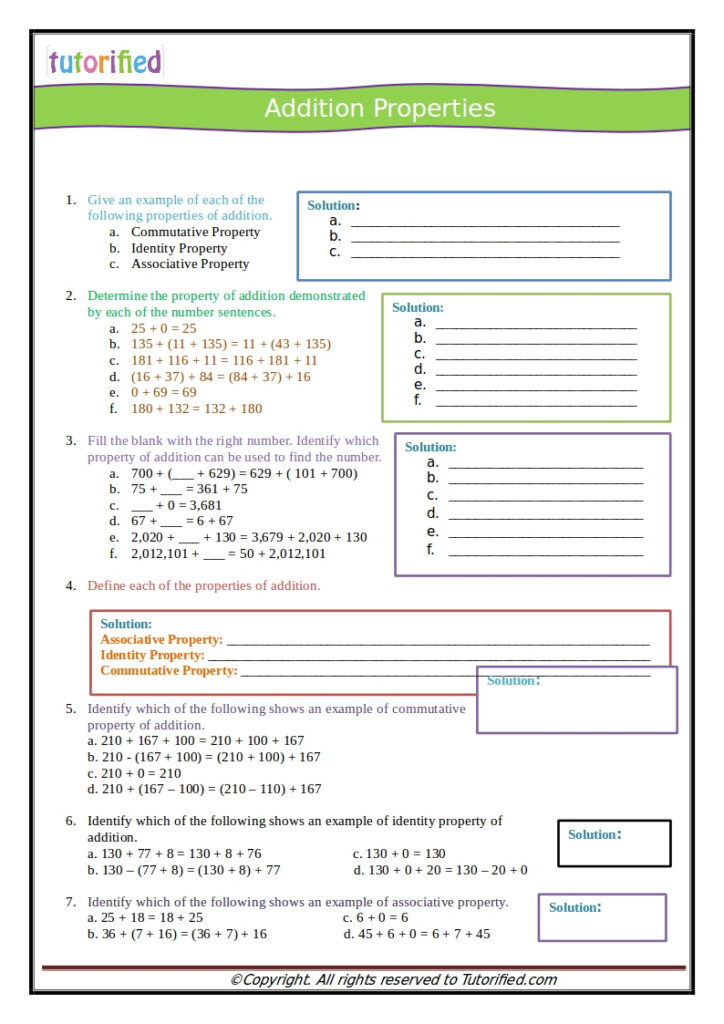 Math Properties Worksheet Matching