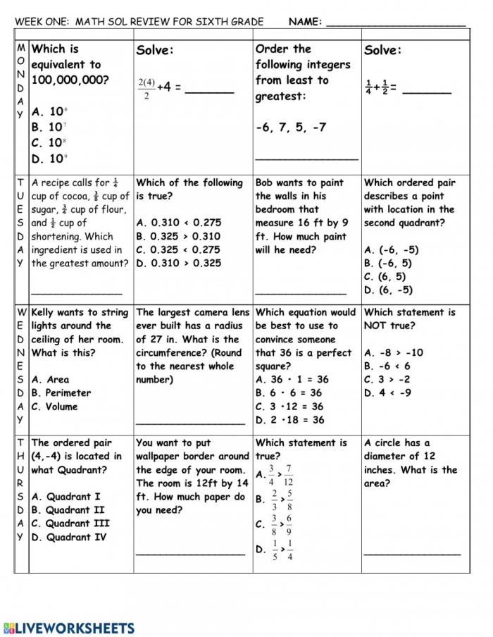 Math Review Worksheets 99Worksheets