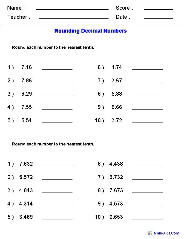 Math Worksheets Decimals