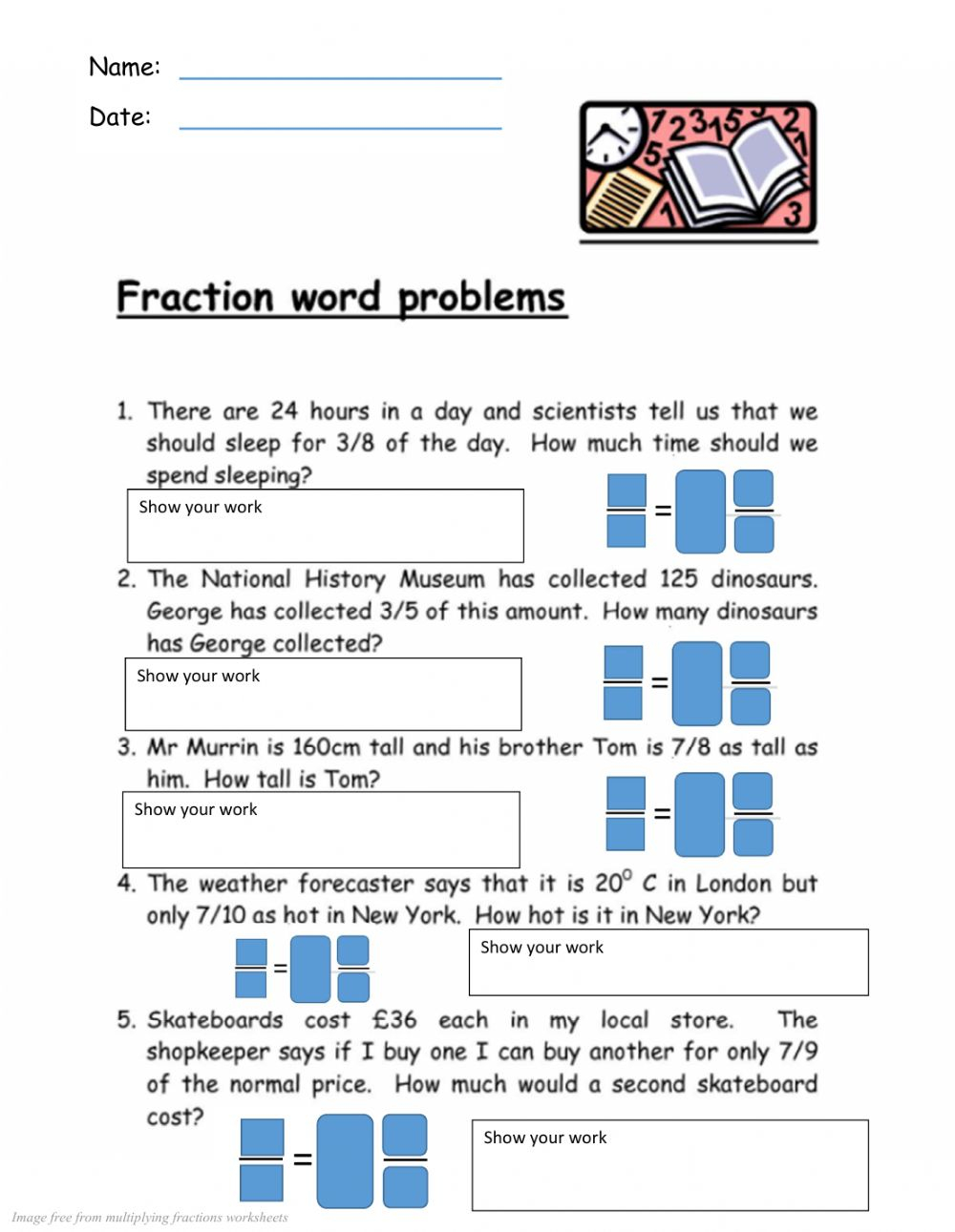 Multiplication Fraction Word Problems Worksheet