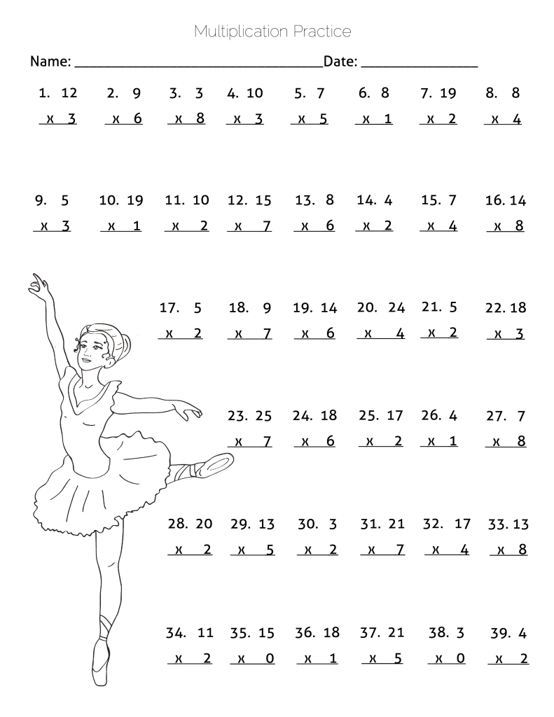 Multiplication Practice Worksheet Ballerina Dancing Theme Math