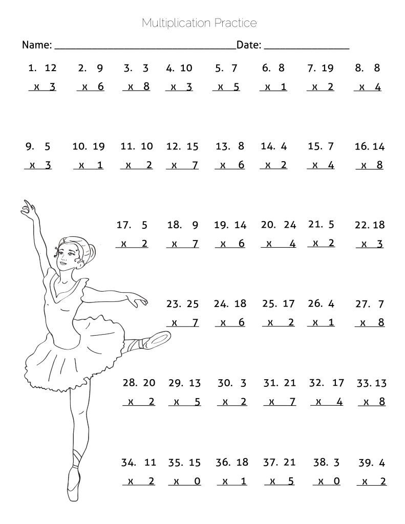 Multiplication Practice Worksheet Ballerina Dancing Theme Math 