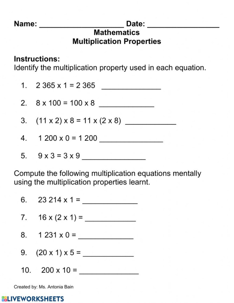 Multiplication Properties Worksheet 4th Grade