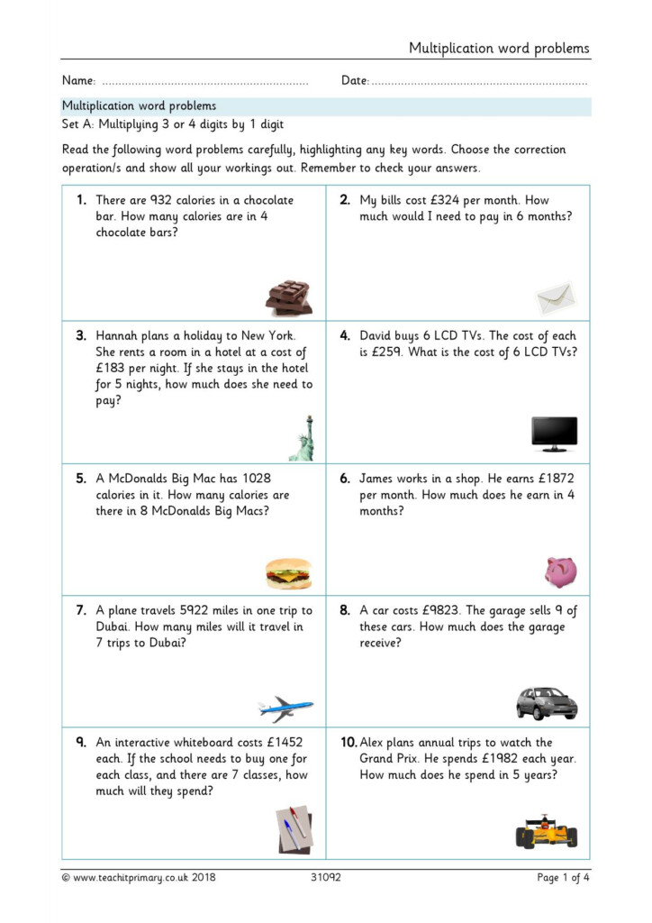 Multiplication Word Problem Worksheets 3rd Grade Grade 3 Math Word 