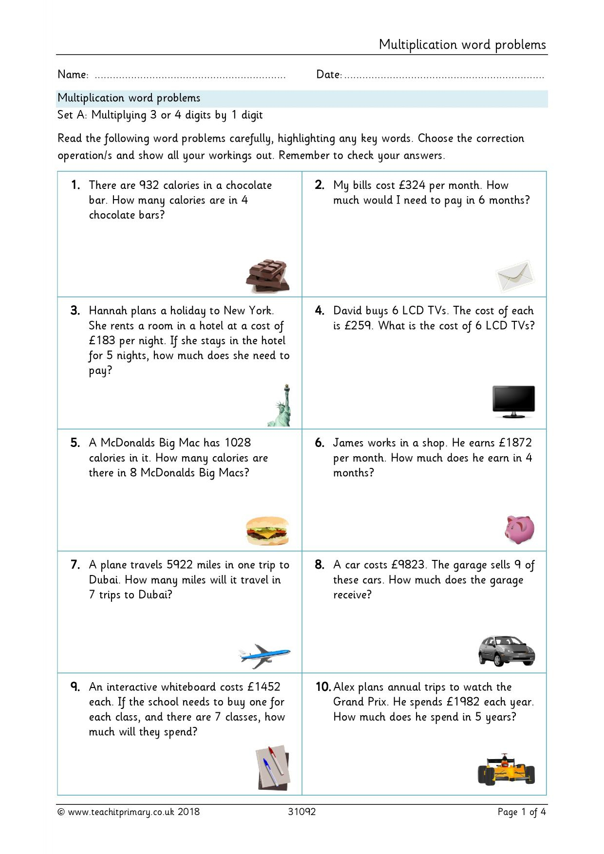 Multiplication Word Problem Worksheets 3rd Grade Grade 3 Math Word