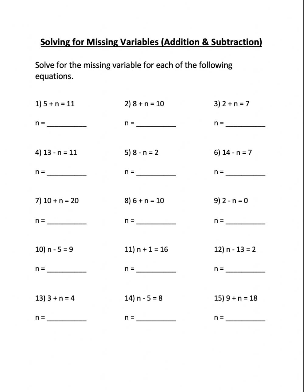 1 Step Solving Addition And Subtraction Worksheet 6th Grade Pizzazz