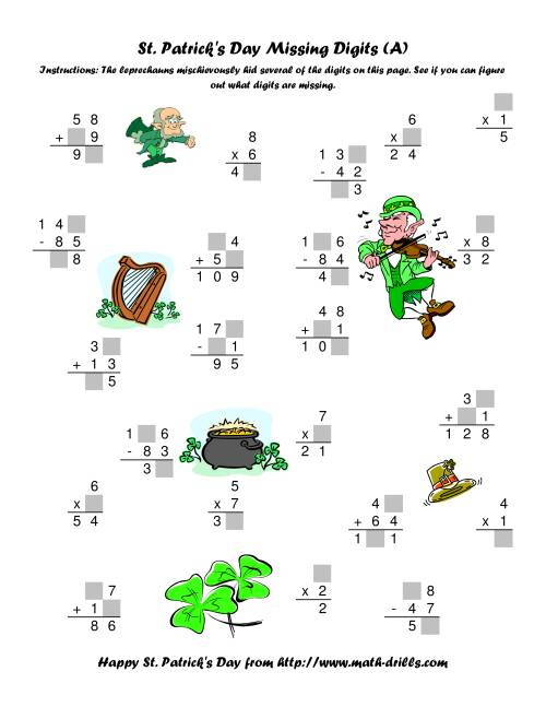 St Patrick s Day Mixed Operations With Missing Digits A St Patrick 