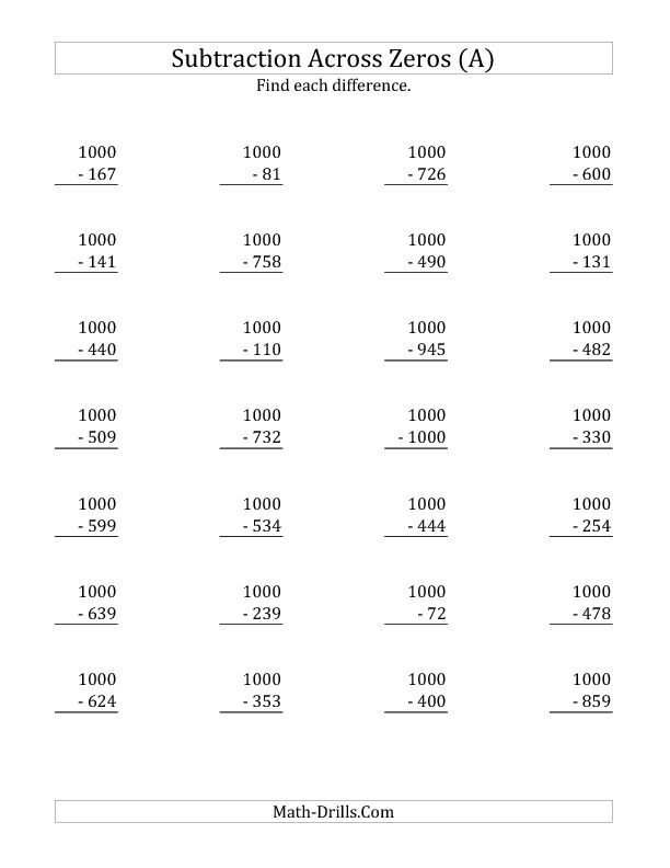 Subtracting Across Zeros From 1000 A Subtraction Worksheet Math 
