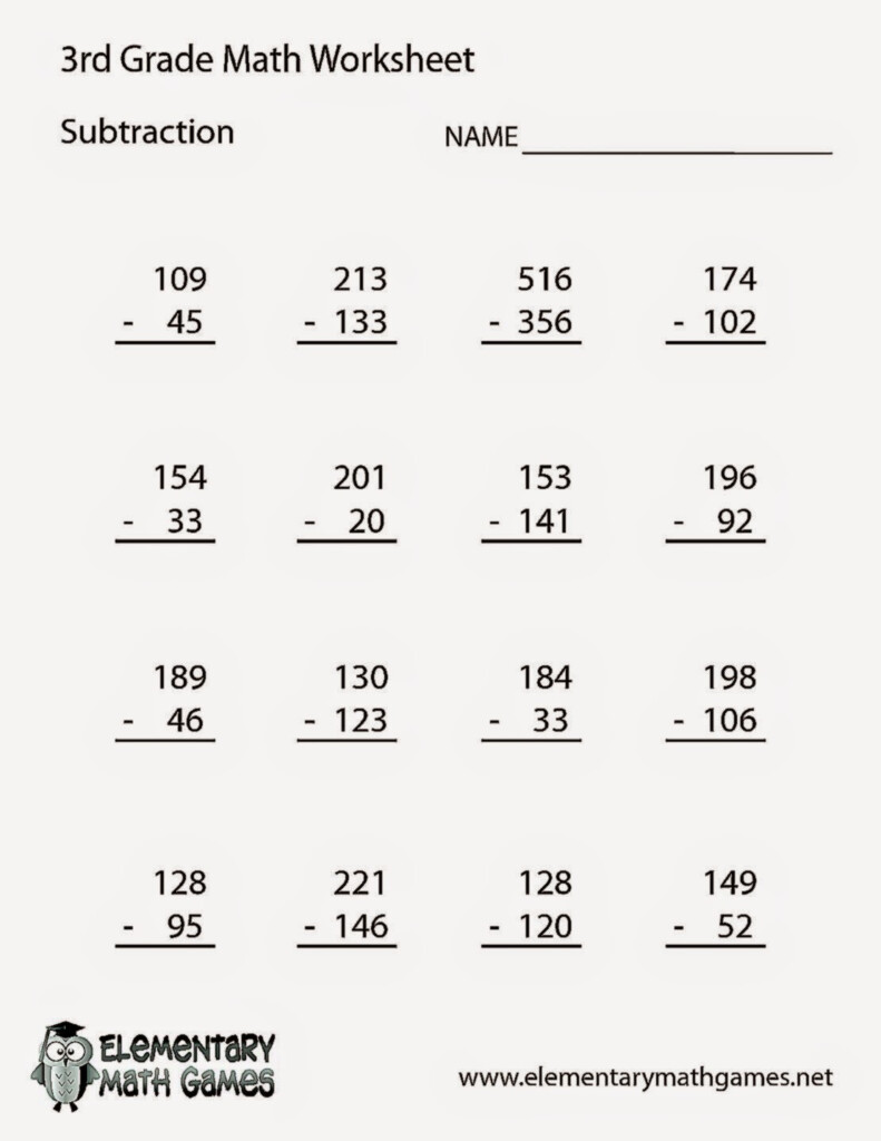 Subtraction Math Practice Worksheet For Third Graders