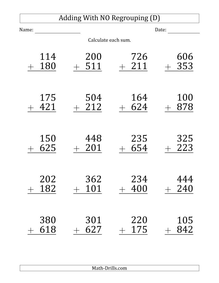 The Large Print 3 Digit Plus 3 Digit Addition With NO Regrouping D