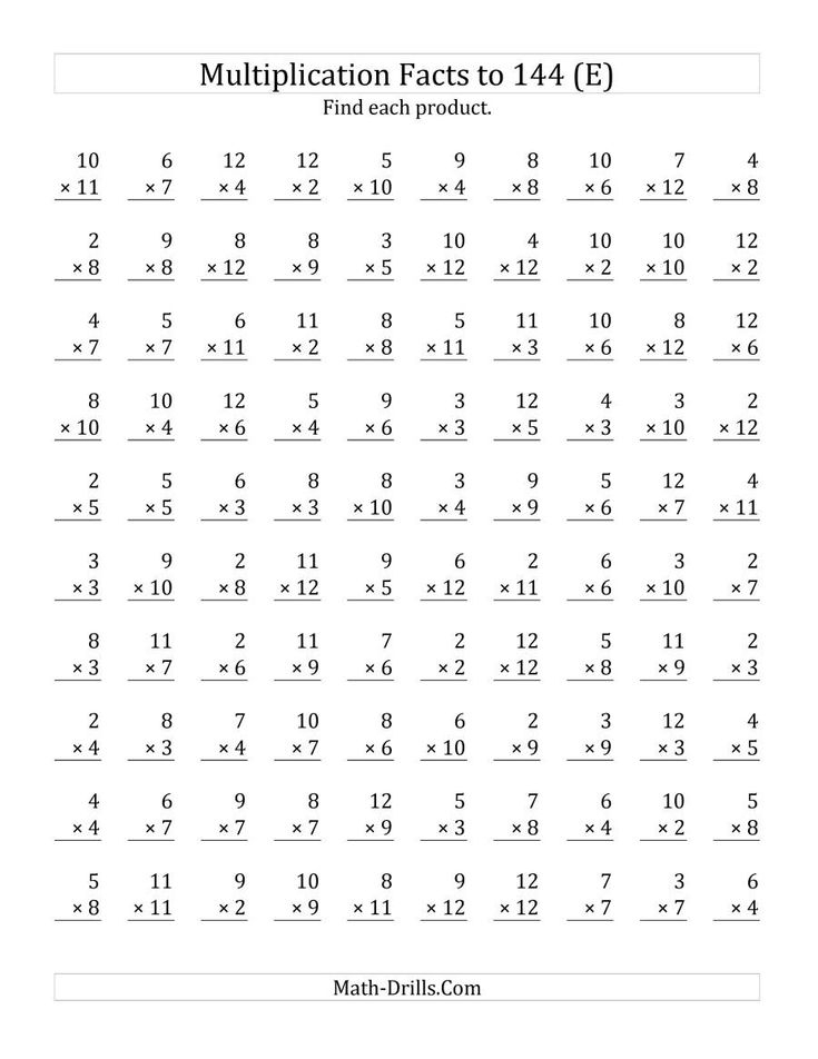 The Multiplication Facts To 144 No Zeros No Ones E Math Worksheet