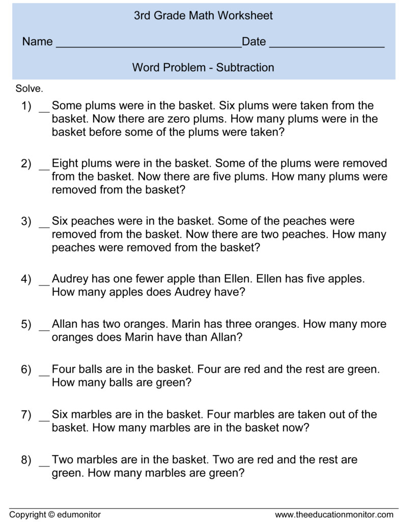 Third Grade Subtraction Word Problems EduMonitor