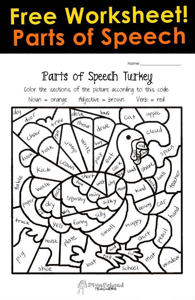 Turkey Color By Part Of Speech STICKER Parts Of Speech Worksheets 
