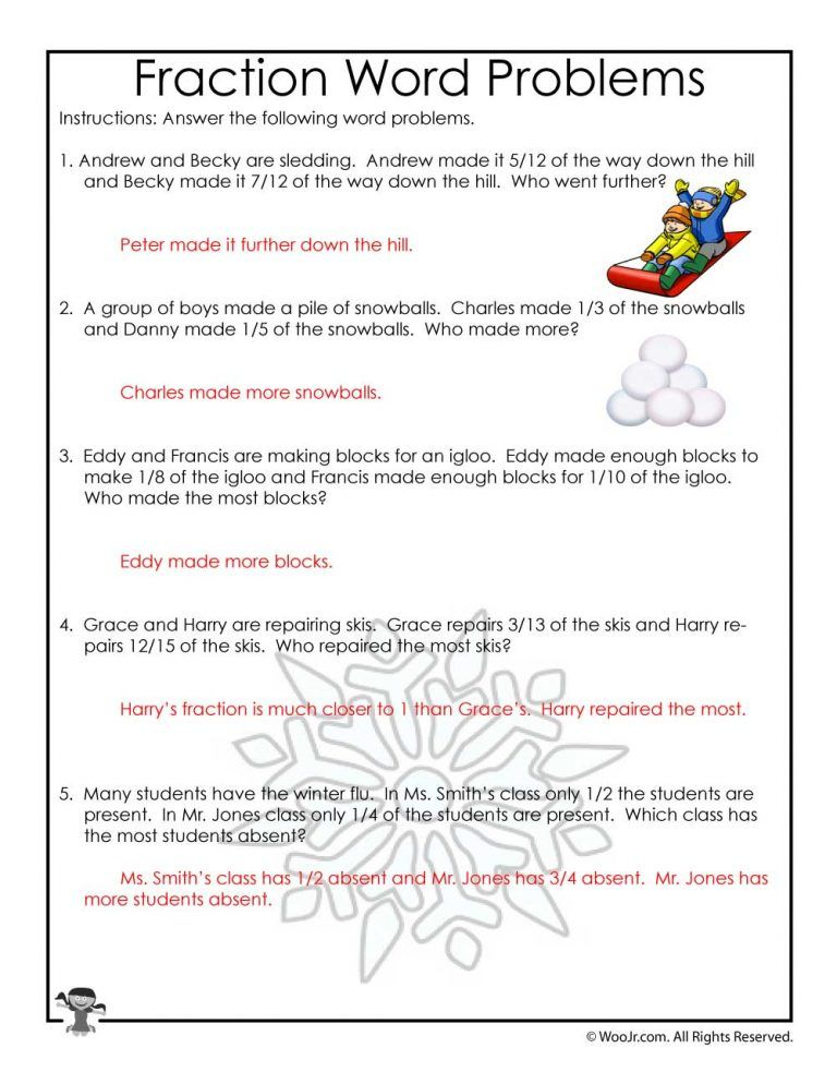 Winter Fractions Word Problems Worksheets For 3rd Grade Woo Jr Kids 