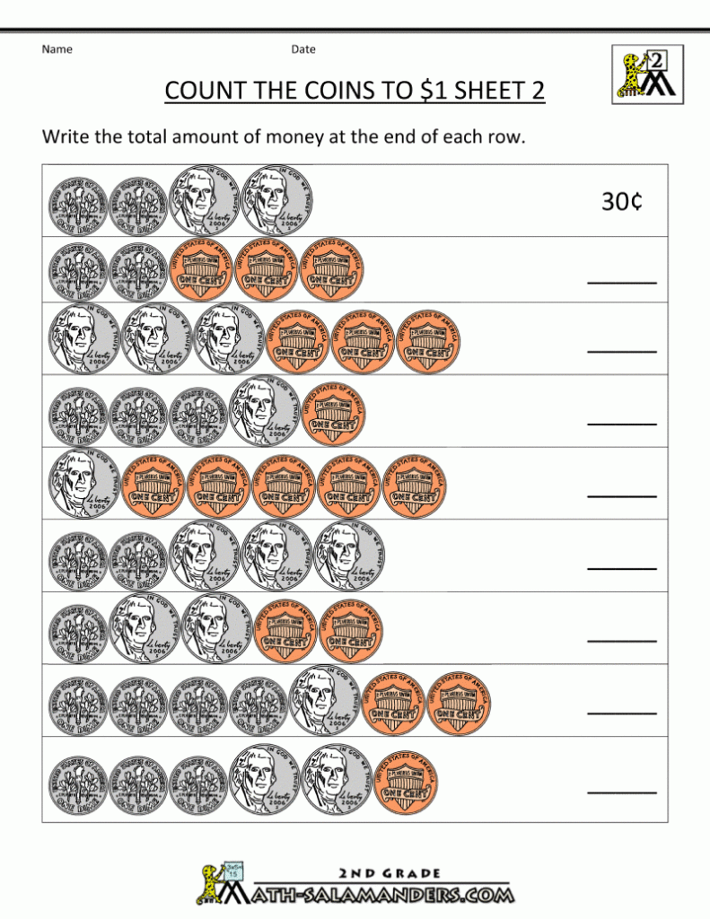2nd grade money worksheets count the coins to 1 dollar 2 gif 800 1035 