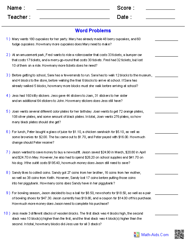3rd Grade Addition And Subtraction Word Problems Worksheets Worksheet 