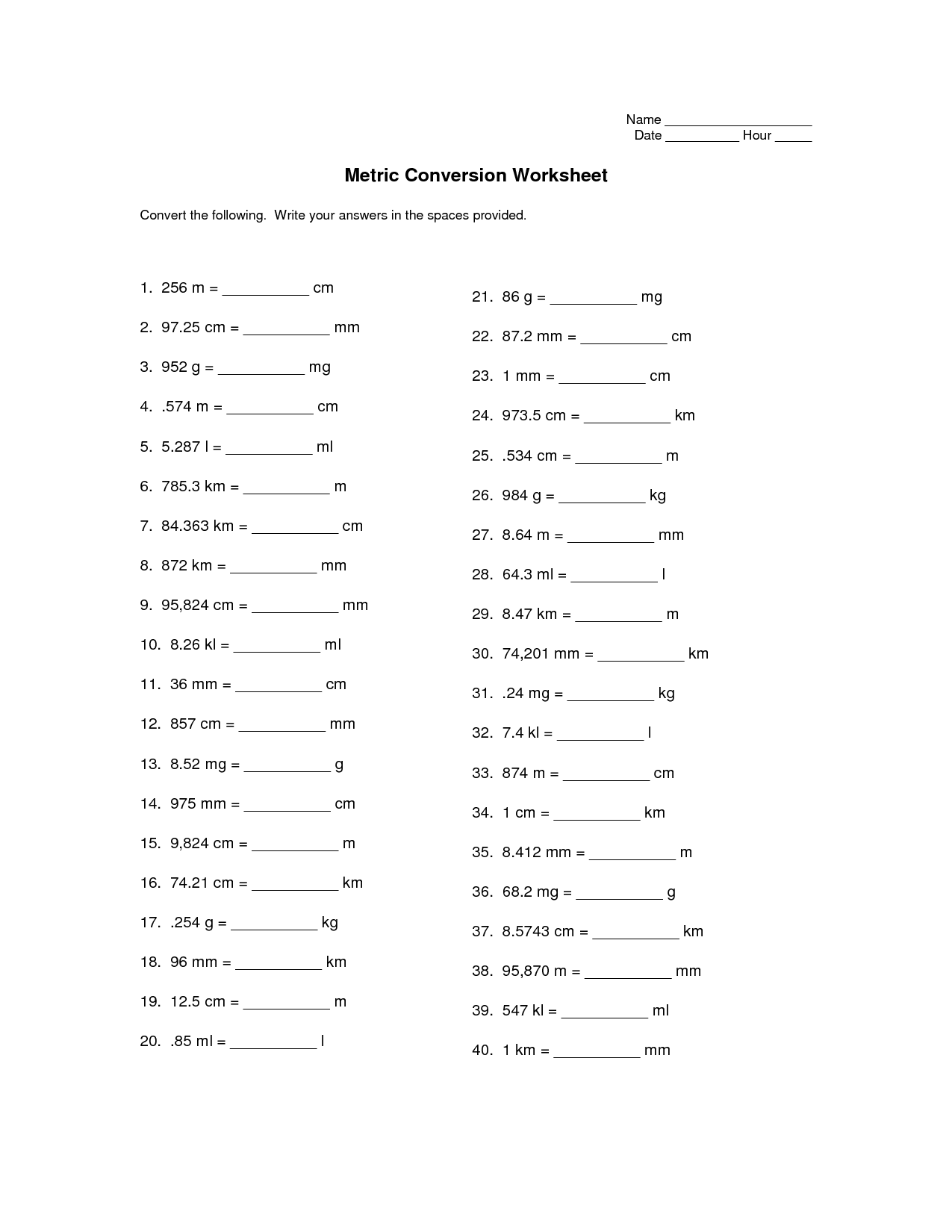 Conversion Practice Worksheet With Answers