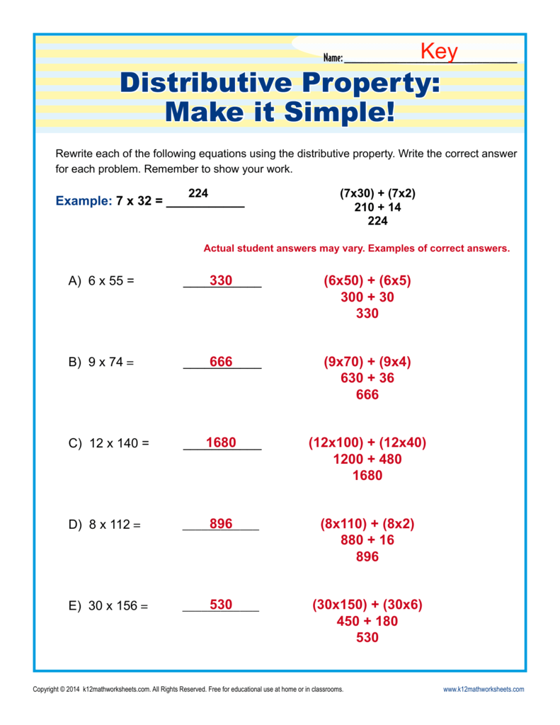 Distributive Property Multiplication 3rd Grade Worksheets Times
