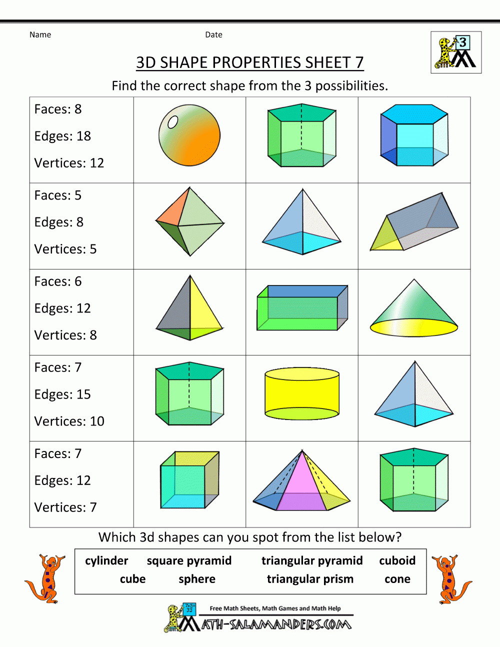 Identifying Solid Figures Worksheet Template With Answer Key Printable 