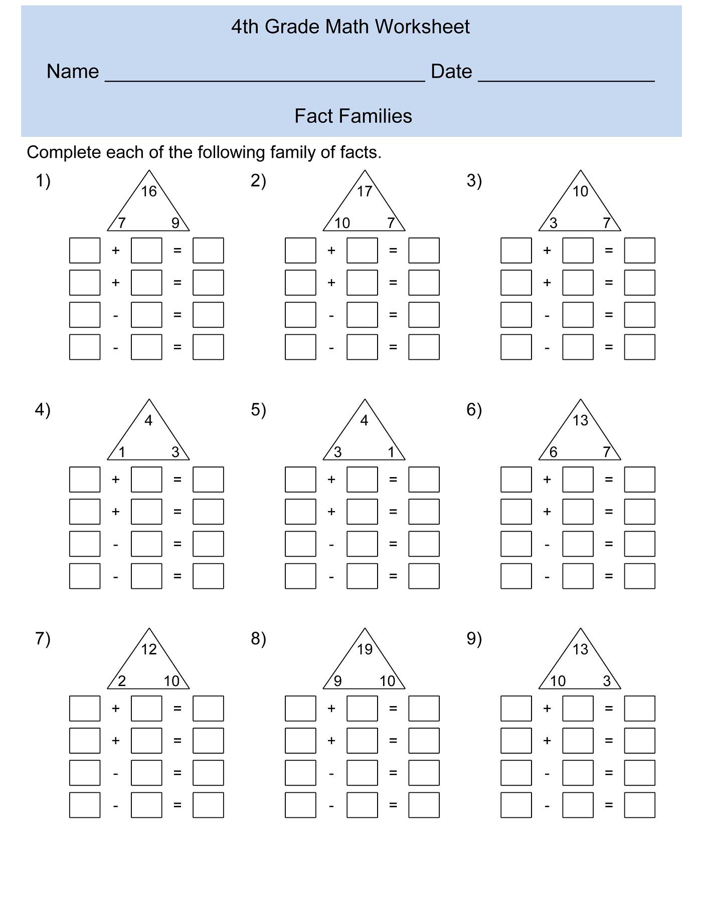 Math Fact Families Worksheets Activity Shelter