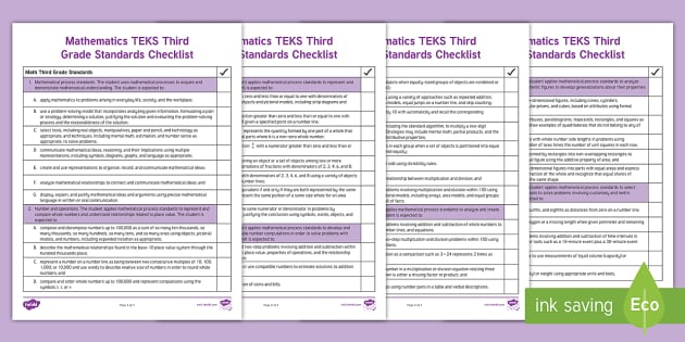 Mathematics TEKS Third Grade Standards Checklist