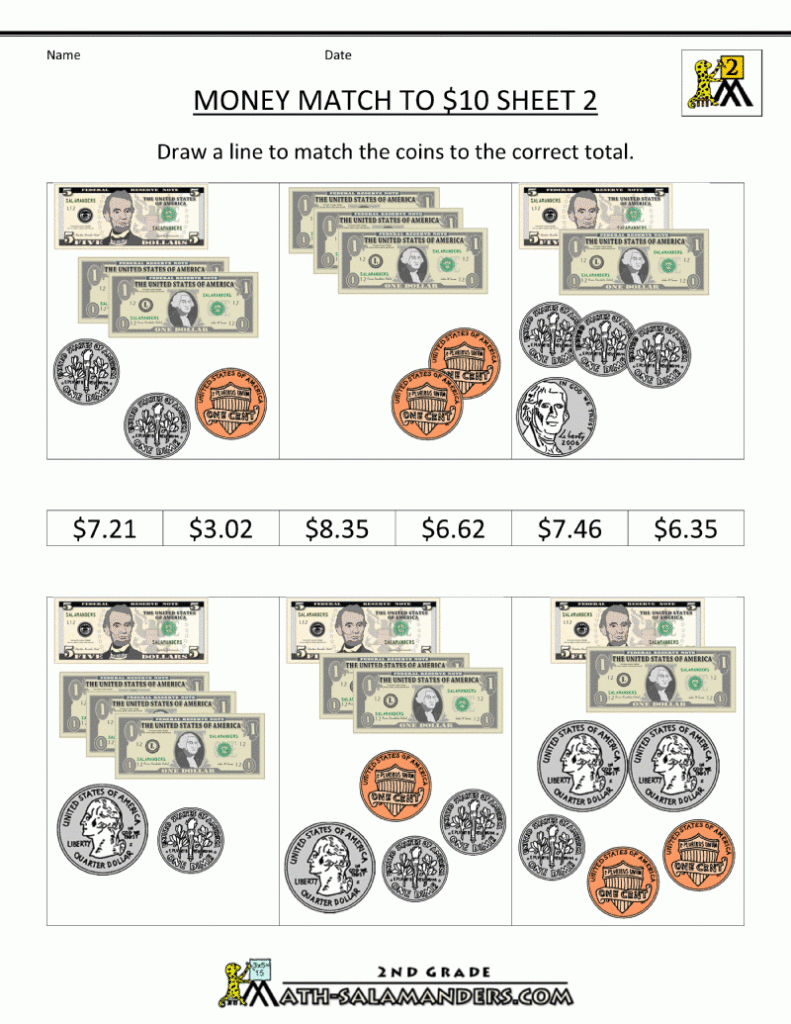 Money Math Worksheets Money Match To 10 Dollars 2 Money Math Money 