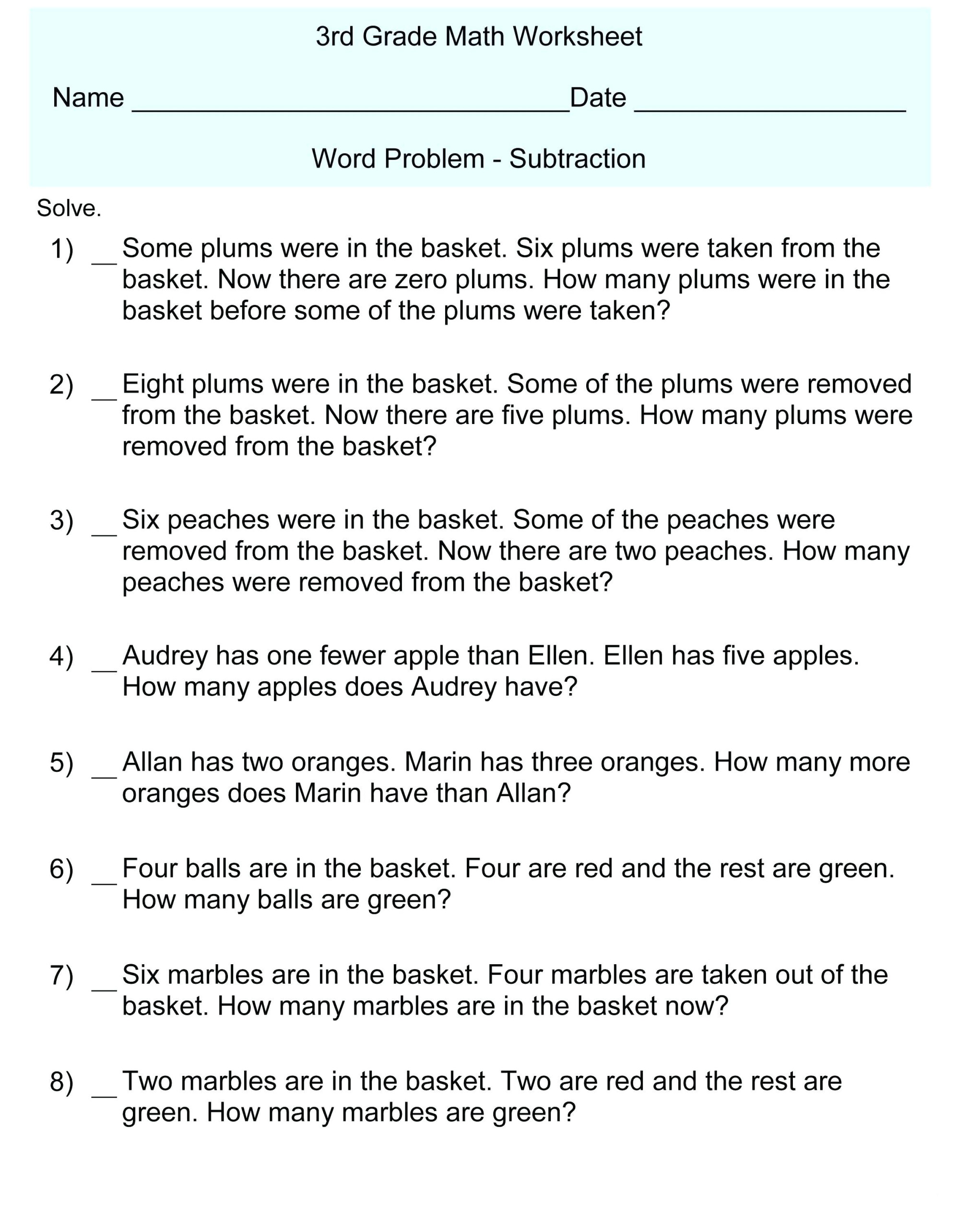 Word Problems Printable Worksheets