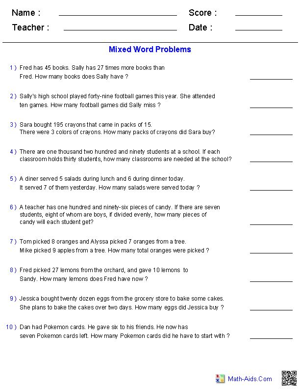 Word Problems Worksheets Dynamically Created Word Problems Mixed