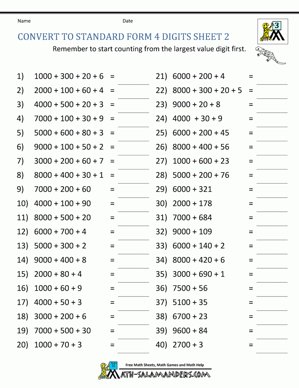 Convert To Standard Form Sheet 2 3rd Grade Math Worksheets Math