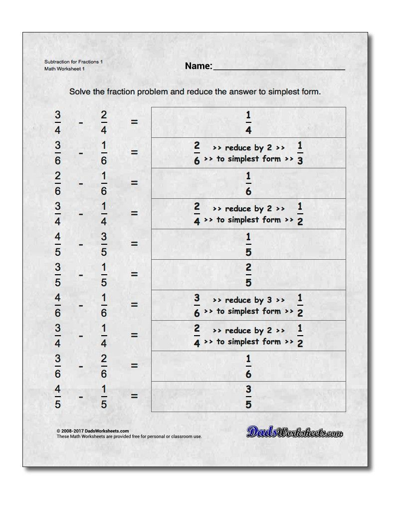 Free Math Worksheets For Fraction Subtraction Problems Http www 