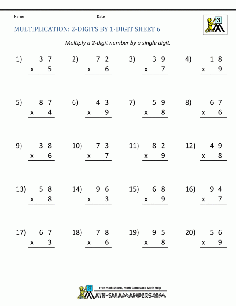 Free Printable 2 Digit By 1 Digit Multiplication Worksheets