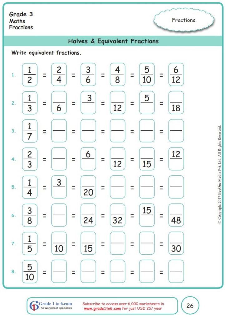 Grade 3 Equivalent Fractions Worksheets www grade1to6 Fractions 