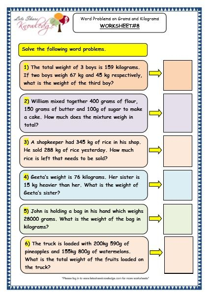 Grade 3 Maths Worksheets 12 7 Word Problems On Grams And Kilograms 