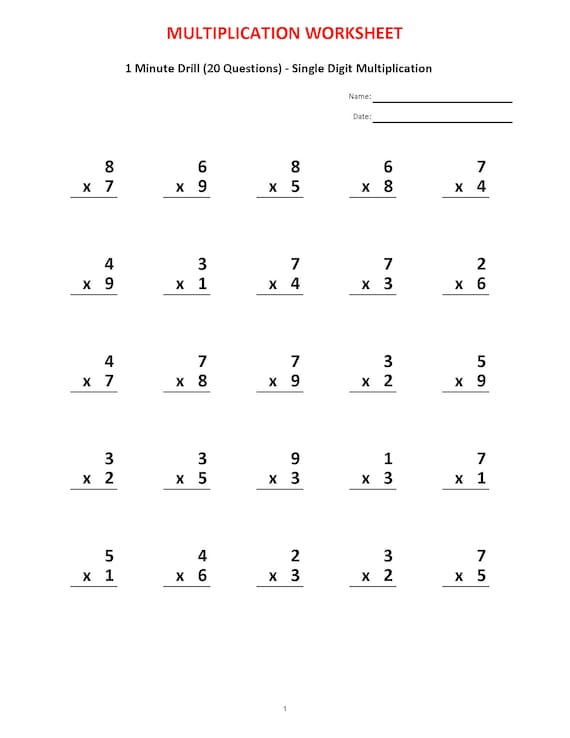 Minute Math Worksheets Multiplication