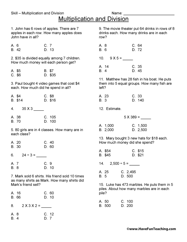 Third Grade Math Test Practice Worksheet Have Fun Teaching
